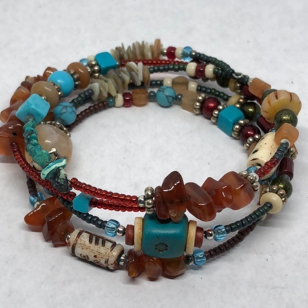 ARTISAN made boho style bone, gemstone beads coil bracelet